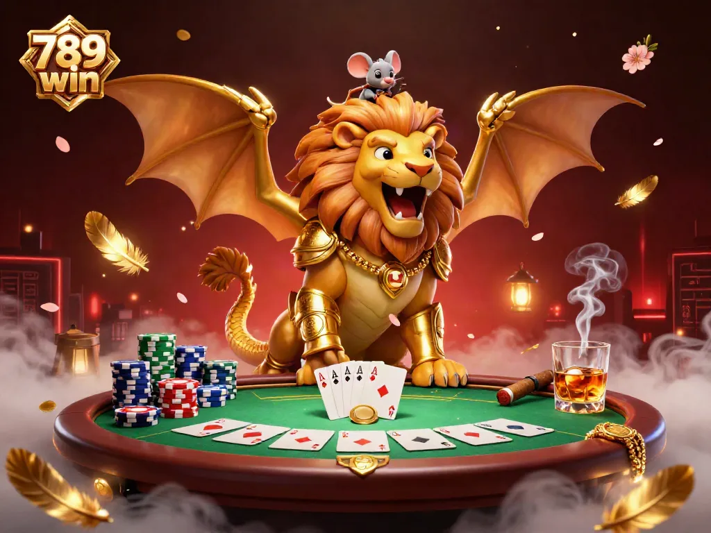 Experience thrilling wins at 789 win with a vibrant casino scene featuring golden chimera and poker elements.