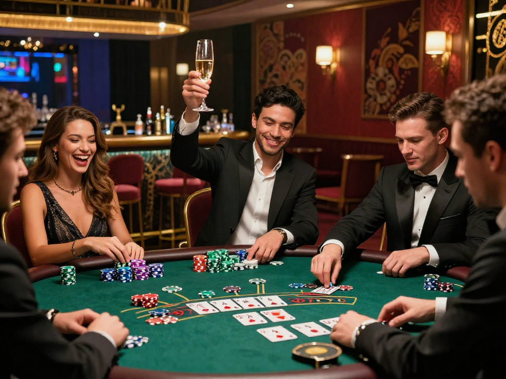 Giocatori sorridenti ai migliori casinò online mentre si divertono al blackjack con fiches e champagne.