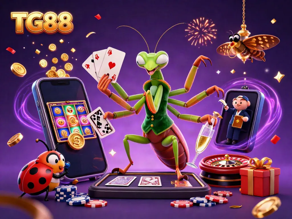 Experience TG88's vibrant casino scene with the mantis card sharp and ladybug pit boss.