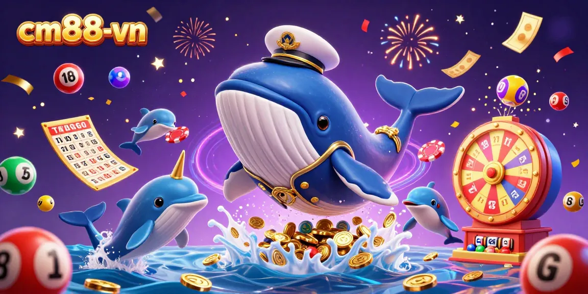 Experience the vibrant world of cm88-vn with a whale, dolphins, and interactive lottery elements.