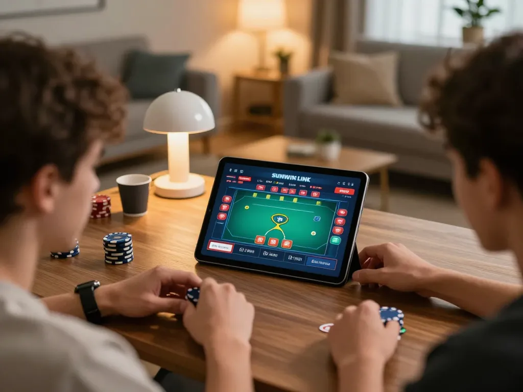 SUNWIN LINK interface displayed on tablet during an engaging online gambling session at home.
