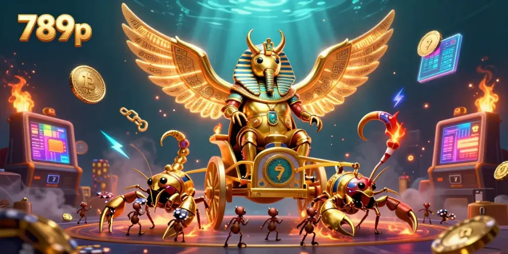 Experience the thrill of 789p's vibrant casino scene featuring a golden scarab beetle chariot with glowing elements.