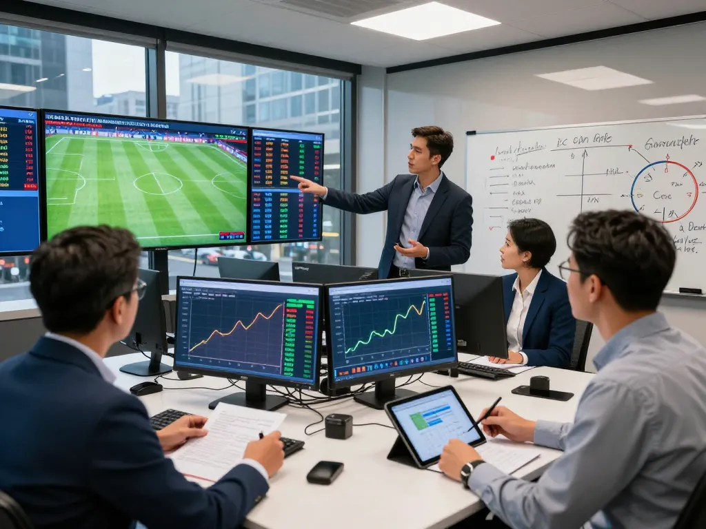 Dynamic sports betting analysis scene with experts discussing Keo nha cai odds and trends.