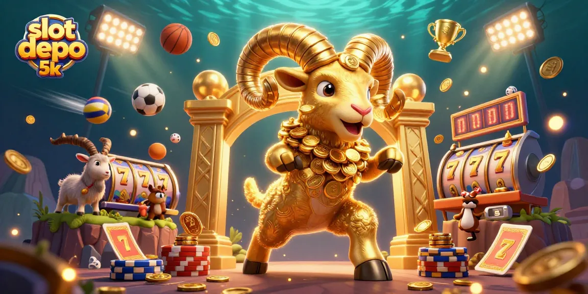 Experience the thrill of slot depo 5k with golden ram and festive elements in a vibrant 3D illustration.