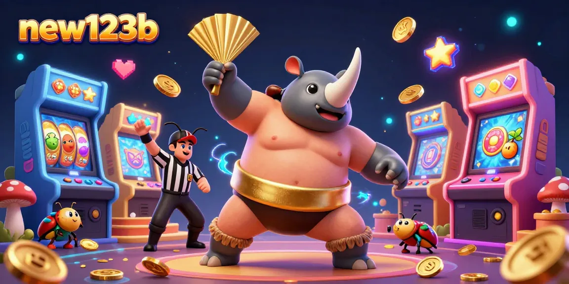 Spin for fortunes at new123b with a vibrant casino scene featuring beetles, coins, and game machines.