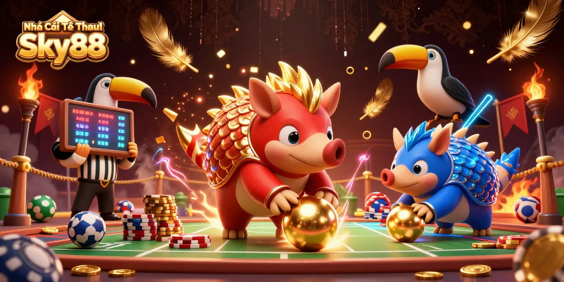 Engage with Nhà Cái Thể Thao Sky88 in this vibrant sports betting-themed illustration of pangolins and gaming.