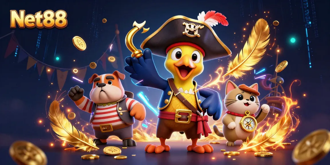 Engage with Net88's dynamic gambling world featuring colorful casino elements and cheerful characters.