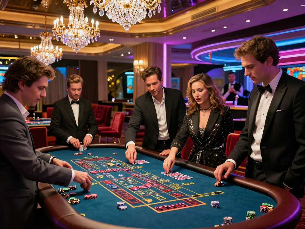 Giocatori emozionati nei migliori casinò online con roulette e atmosfera di lusso.