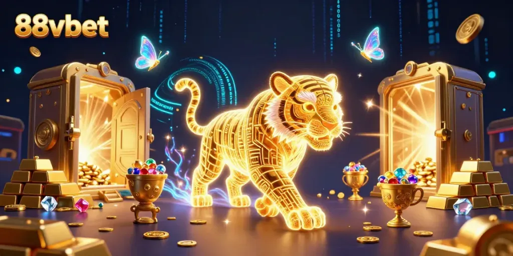 Experience the vibrant digital casino with the 88vbet-themed golden tiger and treasure elements.
