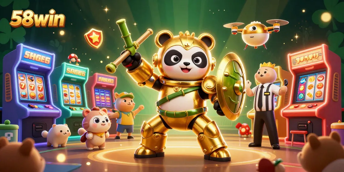 Experience thrilling gaming with 58win's vibrant casino scene featuring a golden panda and exciting game elements.