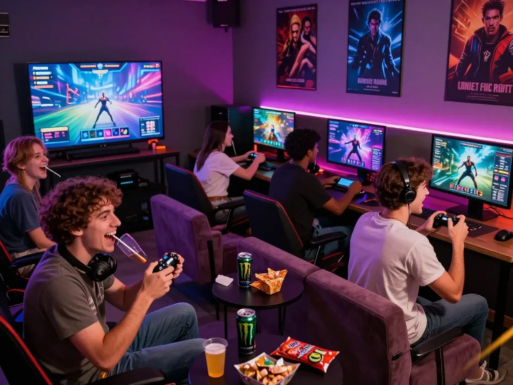 Group of friends enjoying online porn games in a vibrant gaming lounge with snacks and drinks.