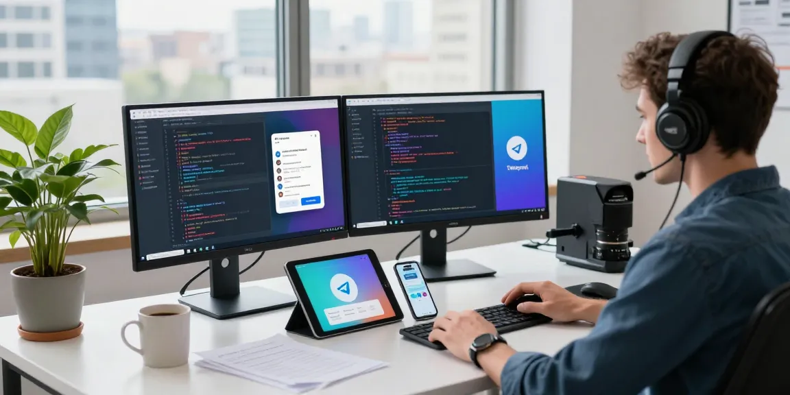 Dynamic workspace showcasing telegramin-cn.com developer coding Telegram applications with multiple screens.