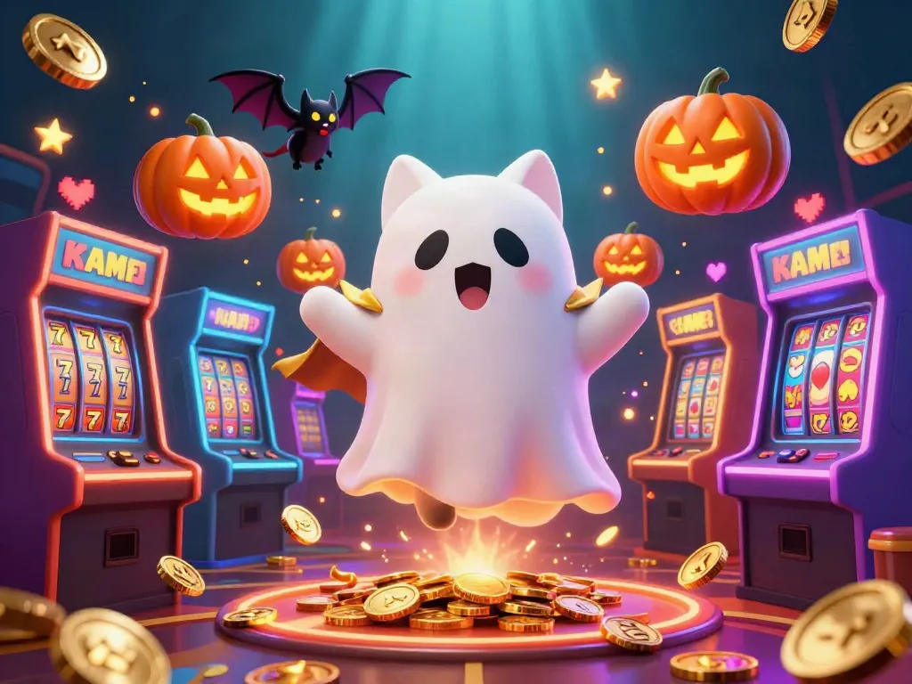 Experience the magical five88bet casino adventure with a ghost cat, bat, and glowing jack-o-lanterns.