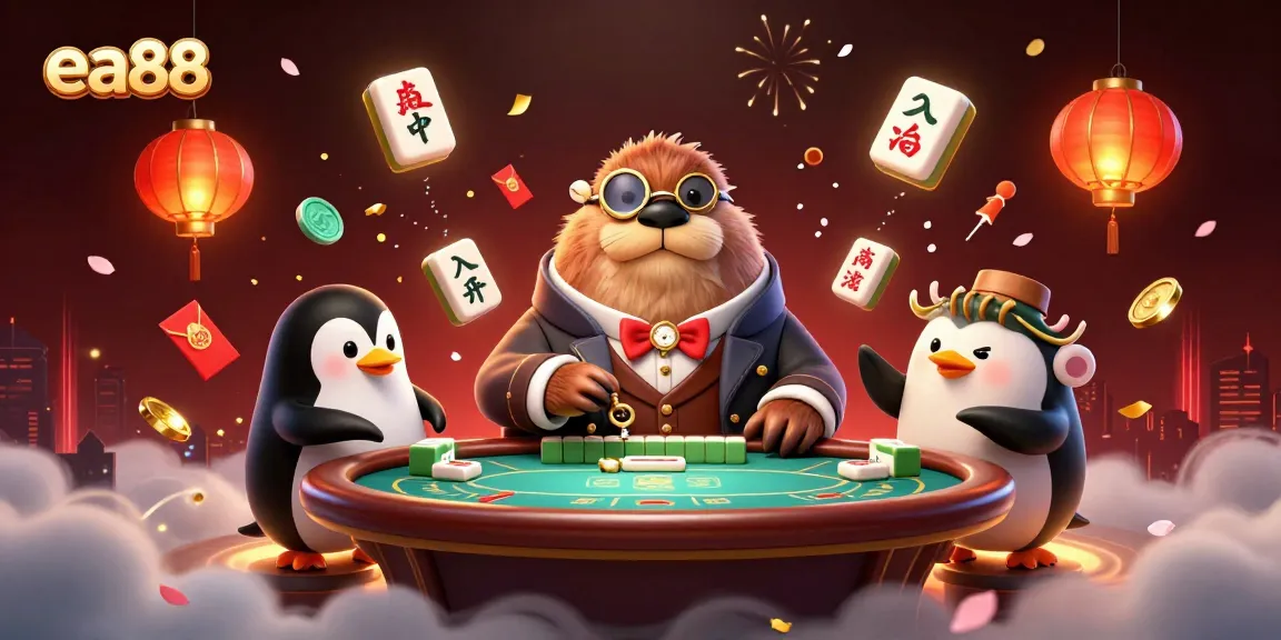 Experience thrilling gameplay at ea88 with a cartoon walrus, penguin dealer, and pufferfish bluffer at an underwater table.