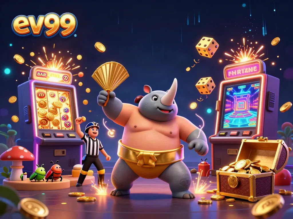 ev99's vibrant online casino scene with a rhinoceros beetle sumo champion amidst dynamic jackpot celebrations.