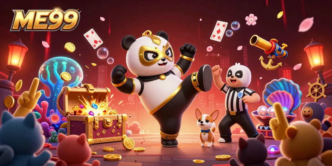 Experience the thrill of me99 with a 3D panda wrestler kicking off a vibrant casino scene filled with gold and excitement.