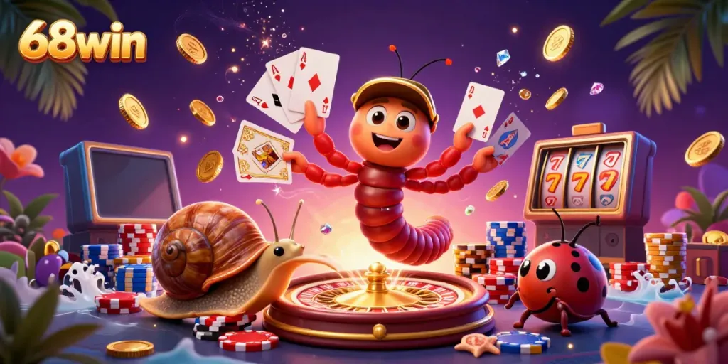 Enter the exciting world of 68win with a cartoon dealer and a high-roller snail surrounded by vibrant casino elements.