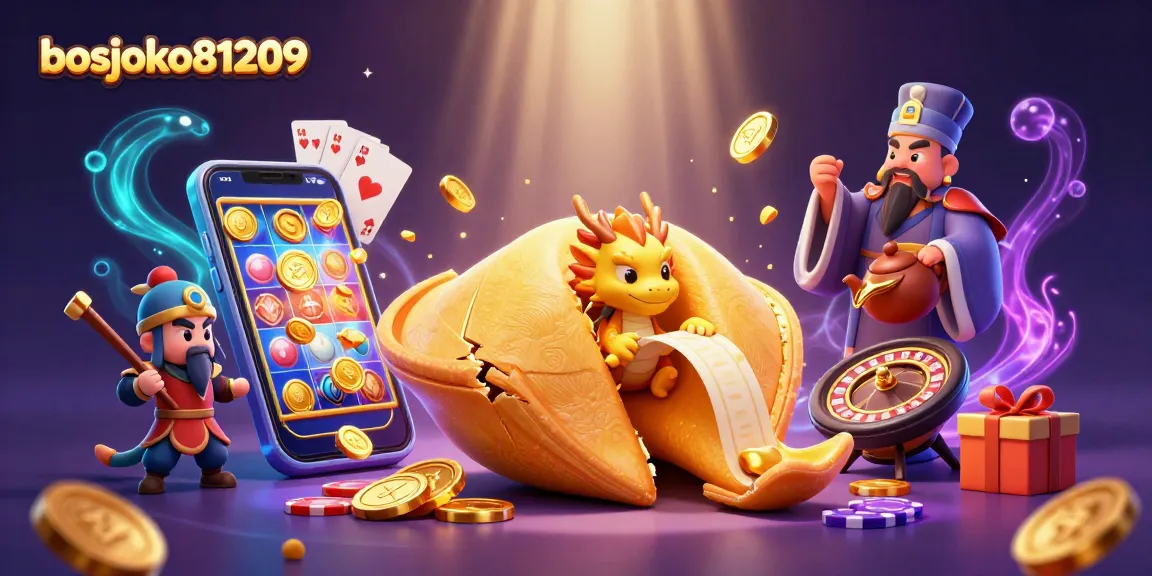 Garis besar bosjoko81209, ilustrasi 3D kasino menggambarkan petualangan slot menang dengan elemen keberuntungan.