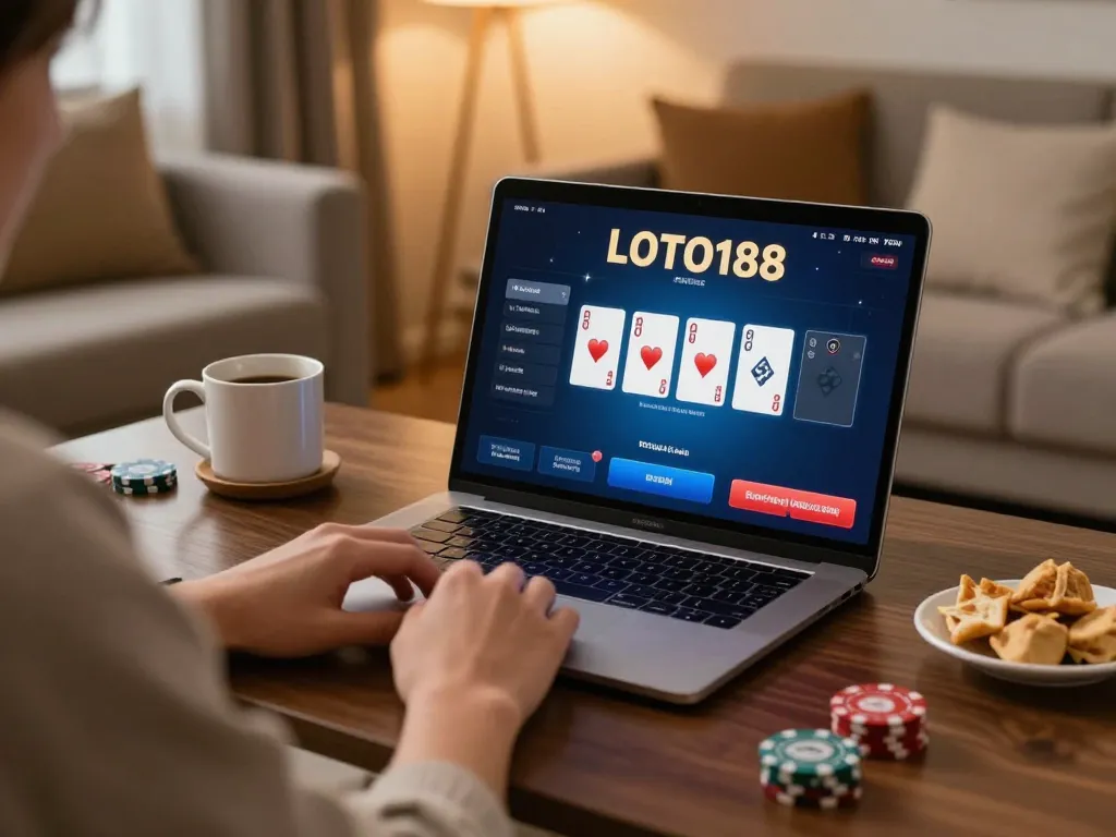 Engaging poker gameplay on LOTO188 from home, showcasing cozy atmosphere and responsible betting practices.