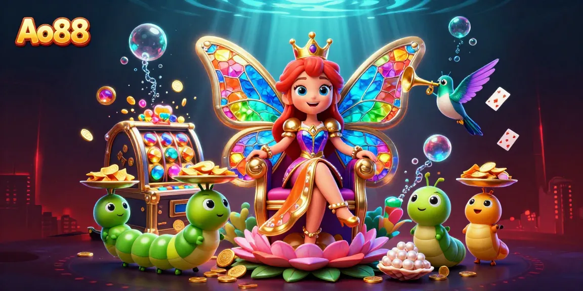 Engage with Ao88's vibrant world of online slots highlighted by a whimsical butterfly queen.