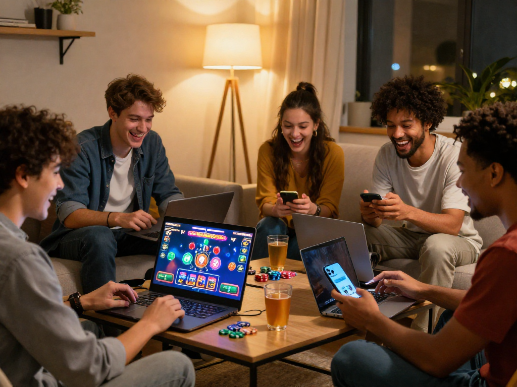 Giocatori nei migliori casinò online che si divertono insieme in un'accogliente sala di casa.