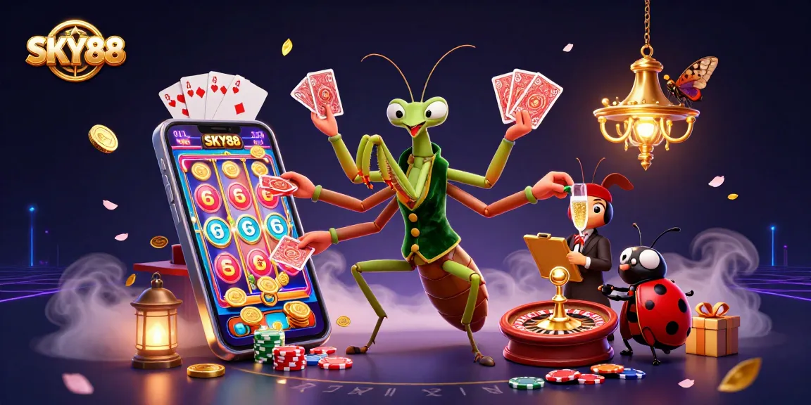 Engaging scene featuring SKY88 with a giant praying mantis card sharp and vibrant casino elements.