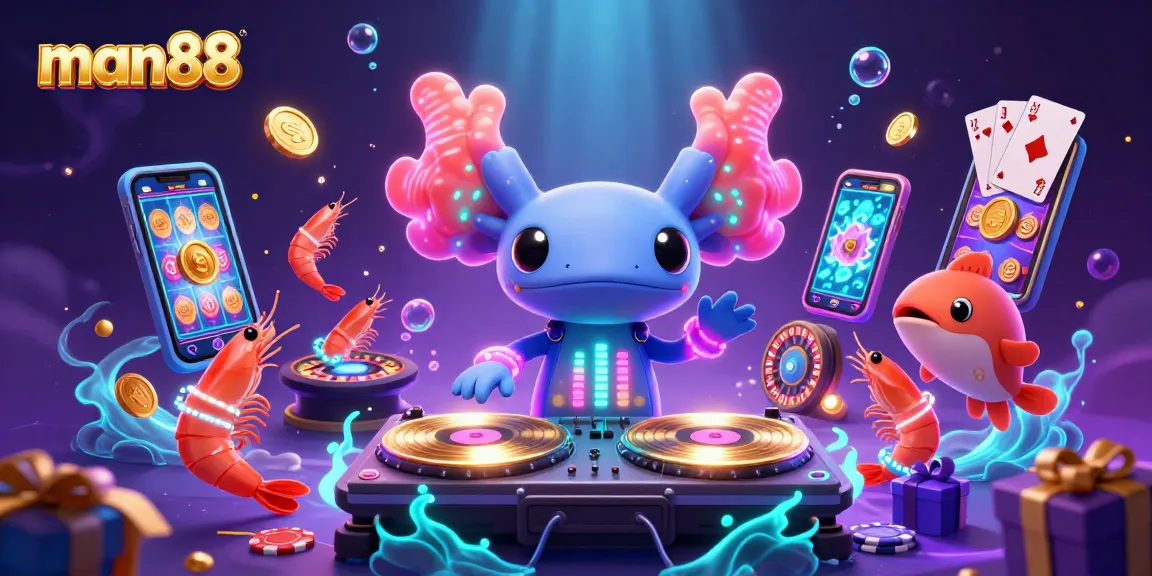 Experience man88's colorful casino excitement with a playful axolotl DJ and dynamic gaming elements.