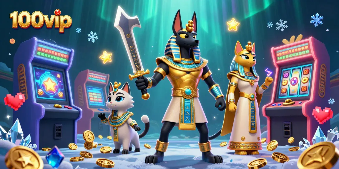Experience the thrill of gaming with 100vip's dynamic 3D casino scene featuring Anubis and Bastet.