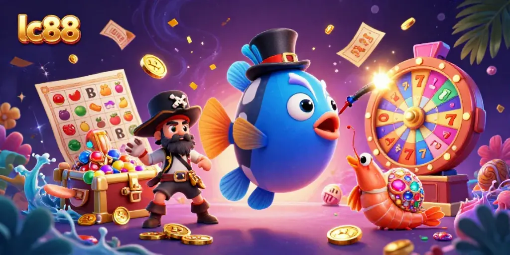 Experience thrilling gameplay at lc88 with dynamic slot reels and animated characters in a vibrant casino scene.