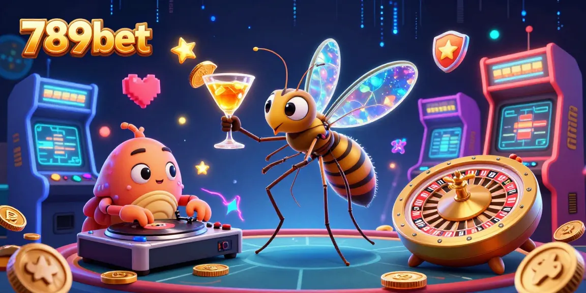 Experience the vibrant casino scene with 789bet featuring a lifelike mosquito mascot and an exciting roulette wheel.