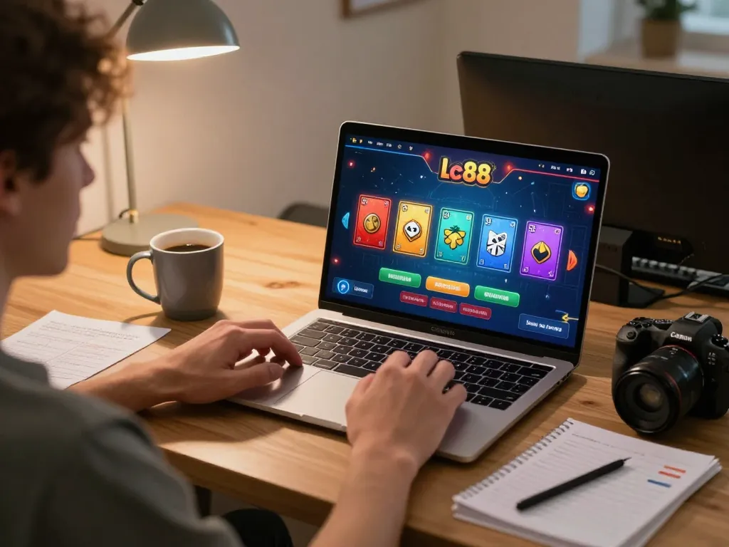 Player enjoying lc88 game online with vibrant card graphics and cozy home setting