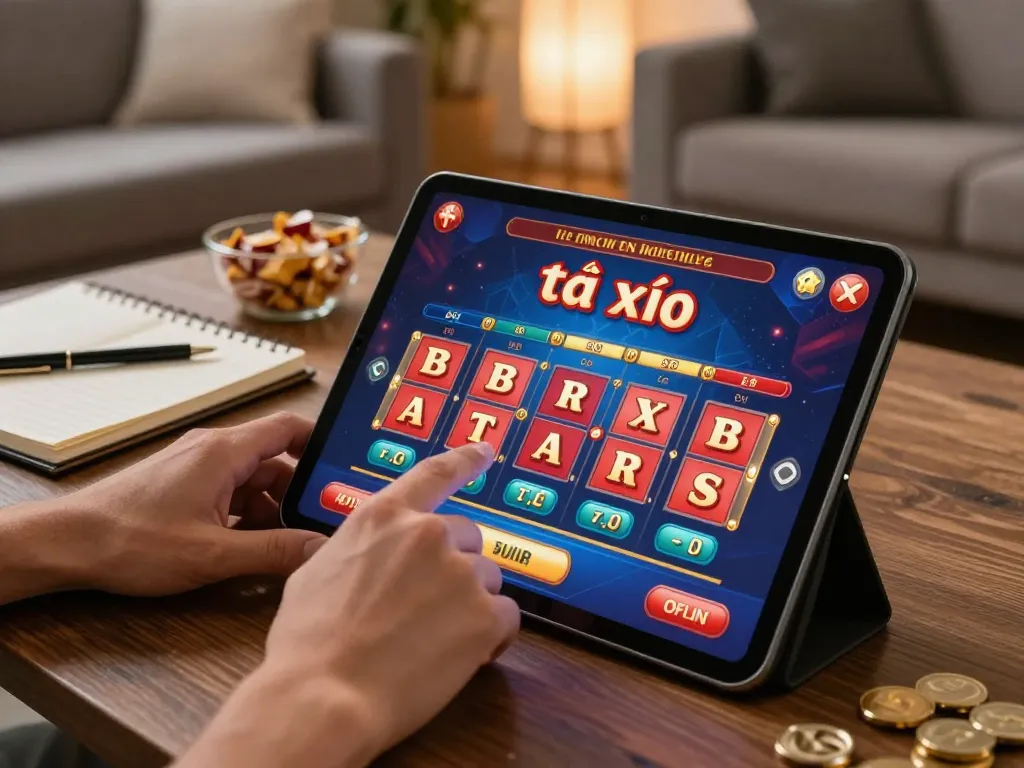 Tài xỉu online game being played on a tablet in a cozy living room, capturing a strategic gambling moment.