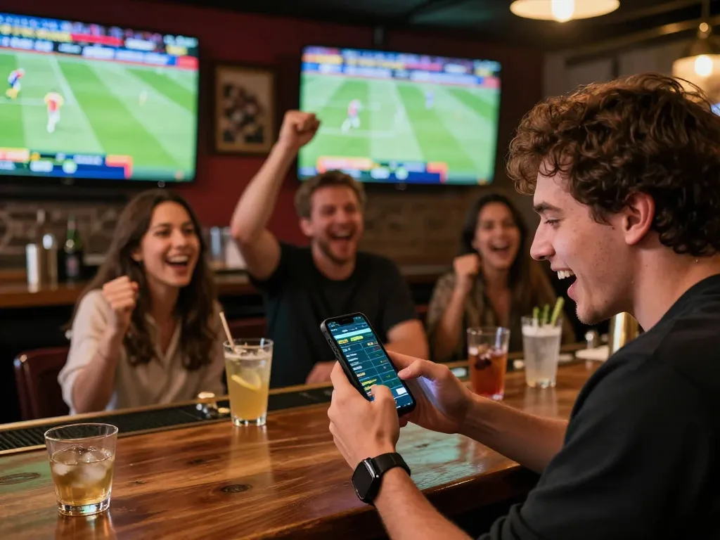 A person engaging with the keonhacai app for in-game sports betting while friends celebrate around them.