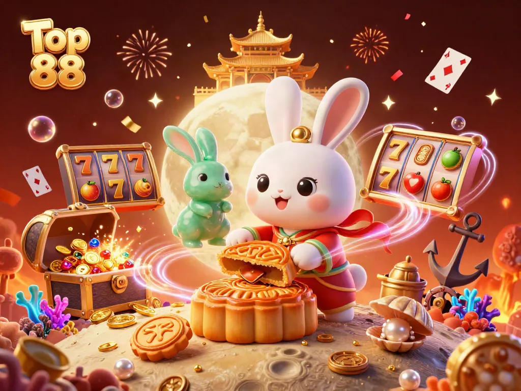 Engaging 3D illustration of Top 88 featuring a moon rabbit with poker chips, embodying a vibrant casino atmosphere.