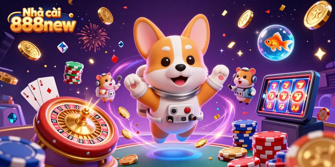 Experience the excitement of Nhà cái 888new in a vibrant 3D casino scene featuring floating poker chips and coins.