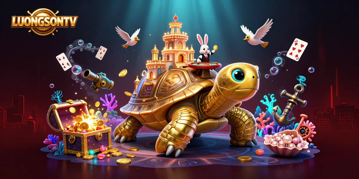 LUONGSONTV features a vibrant illustration of a tortoise casino with a rabbit dealer and gold coins.