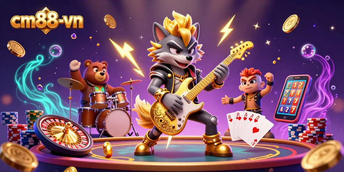 Experience the thrill of gaming with cm88-vn's captivating casino scene featuring a rock star wolf and dynamic animations.