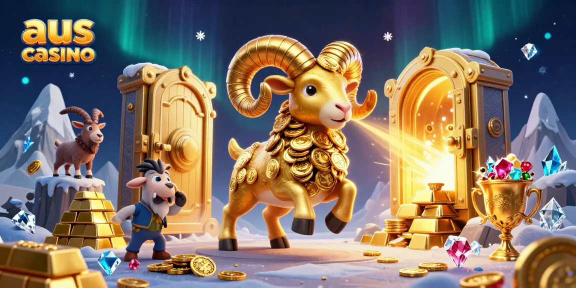 A dynamic illustration of aus casino featuring a golden ram charging through a treasure gate filled with gems and coins.