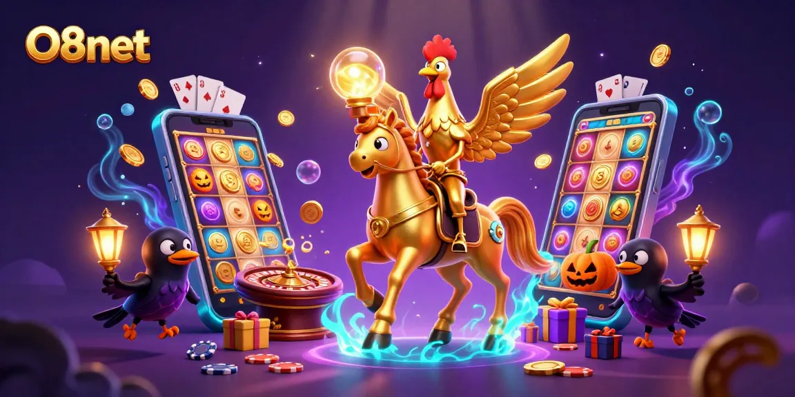 Experience a thrilling scene at the O8net casino with a golden rooster and engaging characters amidst vibrant slot games and energy.