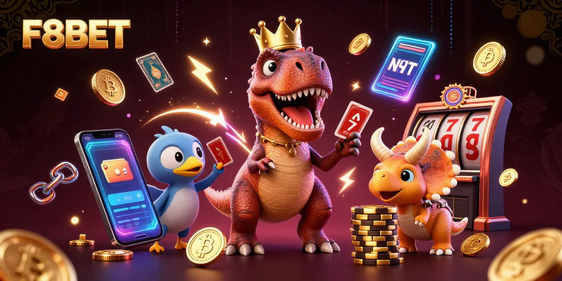 Join the fun at F8BET with a T-Rex, pterodactyl, and triceratops in a dynamic casino scene!