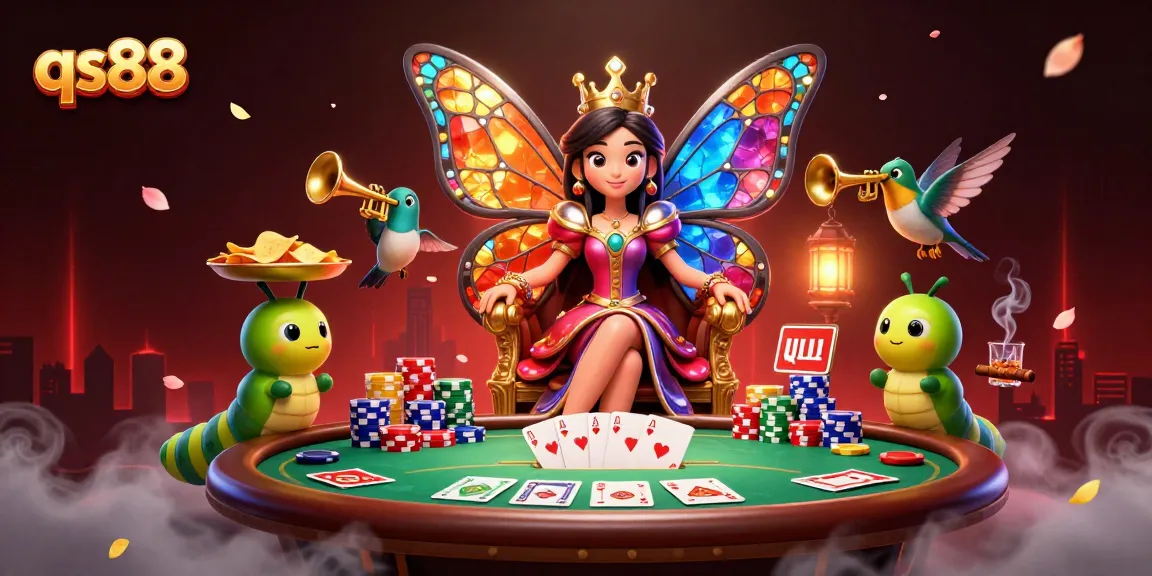 Experience qs88's vibrant casino world with a 3D butterfly queen and dynamic poker action.