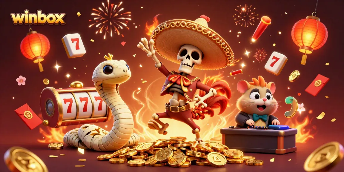 Winbox offers a vibrant casino experience with a mariachi rooster celebrating amidst spinning slot reels.