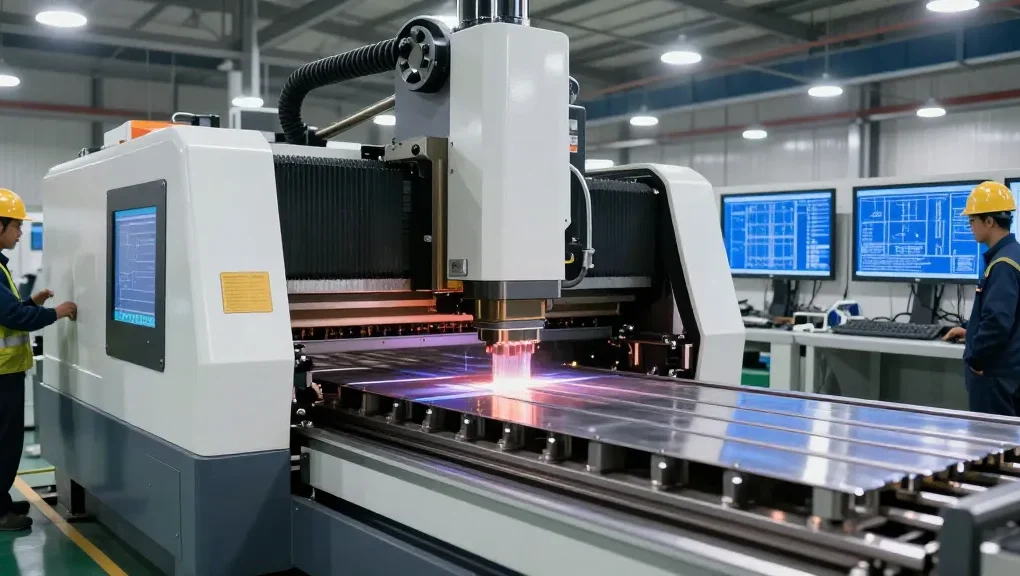 High-tech hydraulic cnc press brake machine in a modern industrial setting with CAD designs.