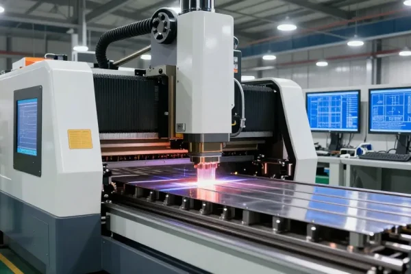 High-tech hydraulic cnc press brake machine in a modern industrial setting with CAD designs.